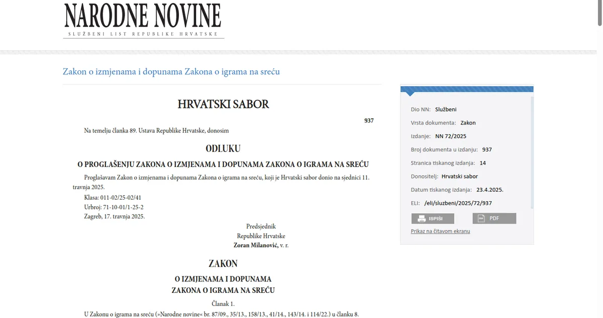 Zakon o izmjenama i dopunama Zakona o igrama na sreću u Narodnim novinama